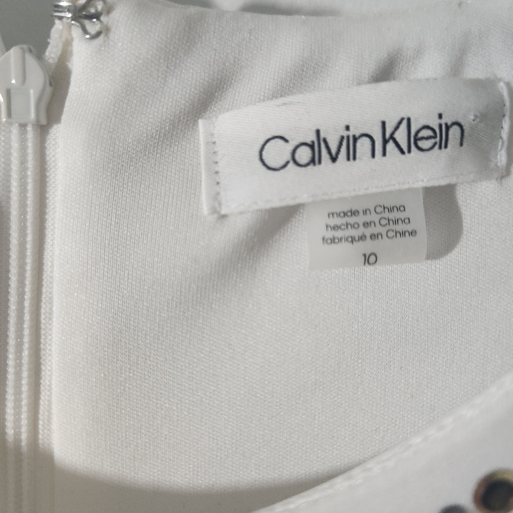 Calvin Klein Embellished Neckline Gold Silver White Sleeveless Dress NEW - Picture 13 of 13